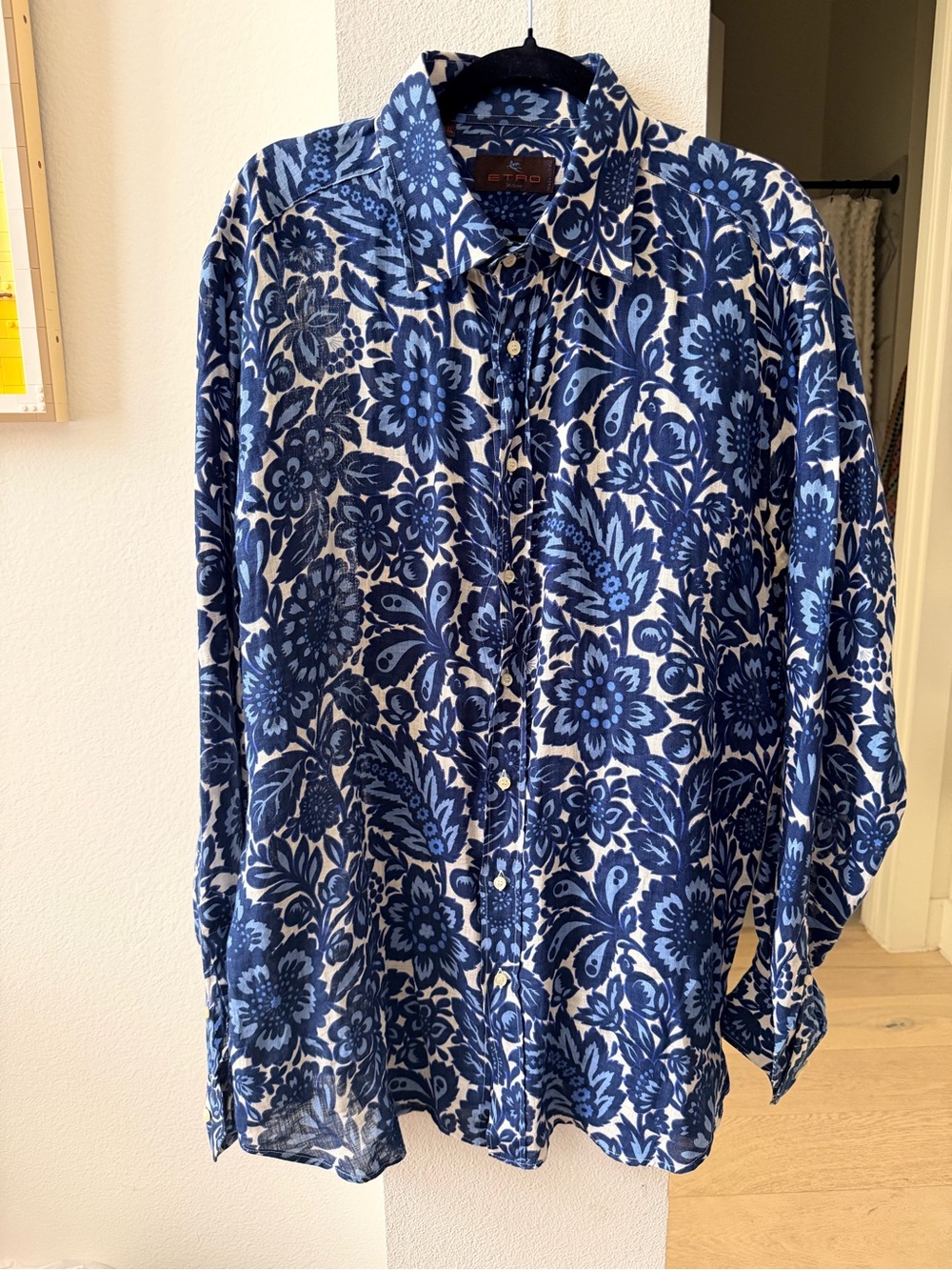 ETRO Blue White Print Long Sleeve Shirt size XXL